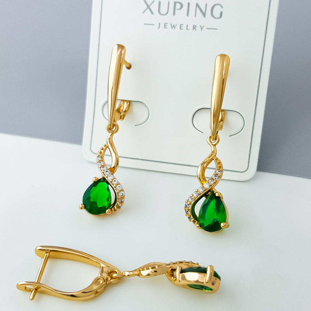 Сережки Крапелька з зеленим цирконієм, англ.замок; медичне золото Xuping 18К, фото 1