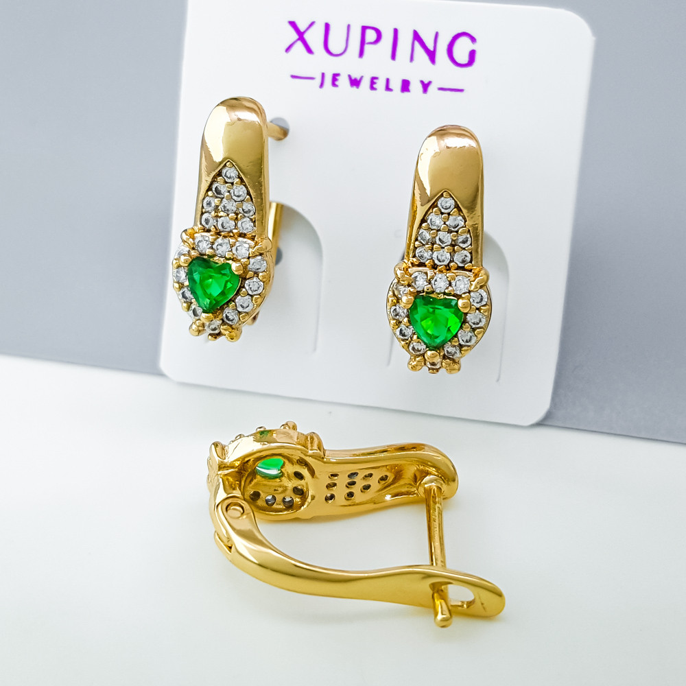 Сережки Серце з зеленим цирконієм, англ.замок; медичне золото Xuping 18К, фото 1