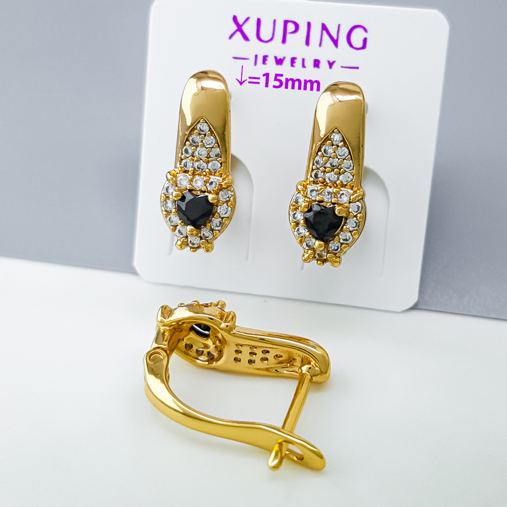 Сережки Серце з чорним цирконієм, англ.замок; медичне золото Xuping 18К, фото 1