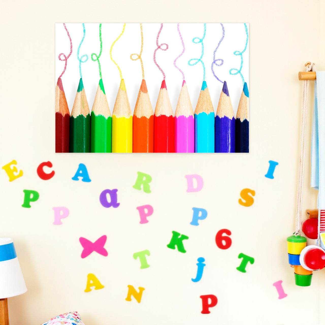 Картина «Веселі кольорові олівці» Яскравий декор для дитячої кімнати 60х40 см, фото 1