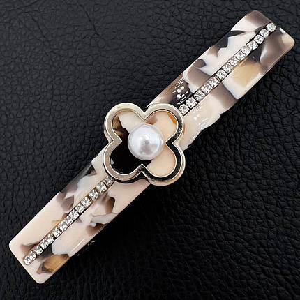 Заколка автомат для волос разноцветная мраморная с белыми стразами и бусиной ширина 2 см длина 9.5 см, фото 1