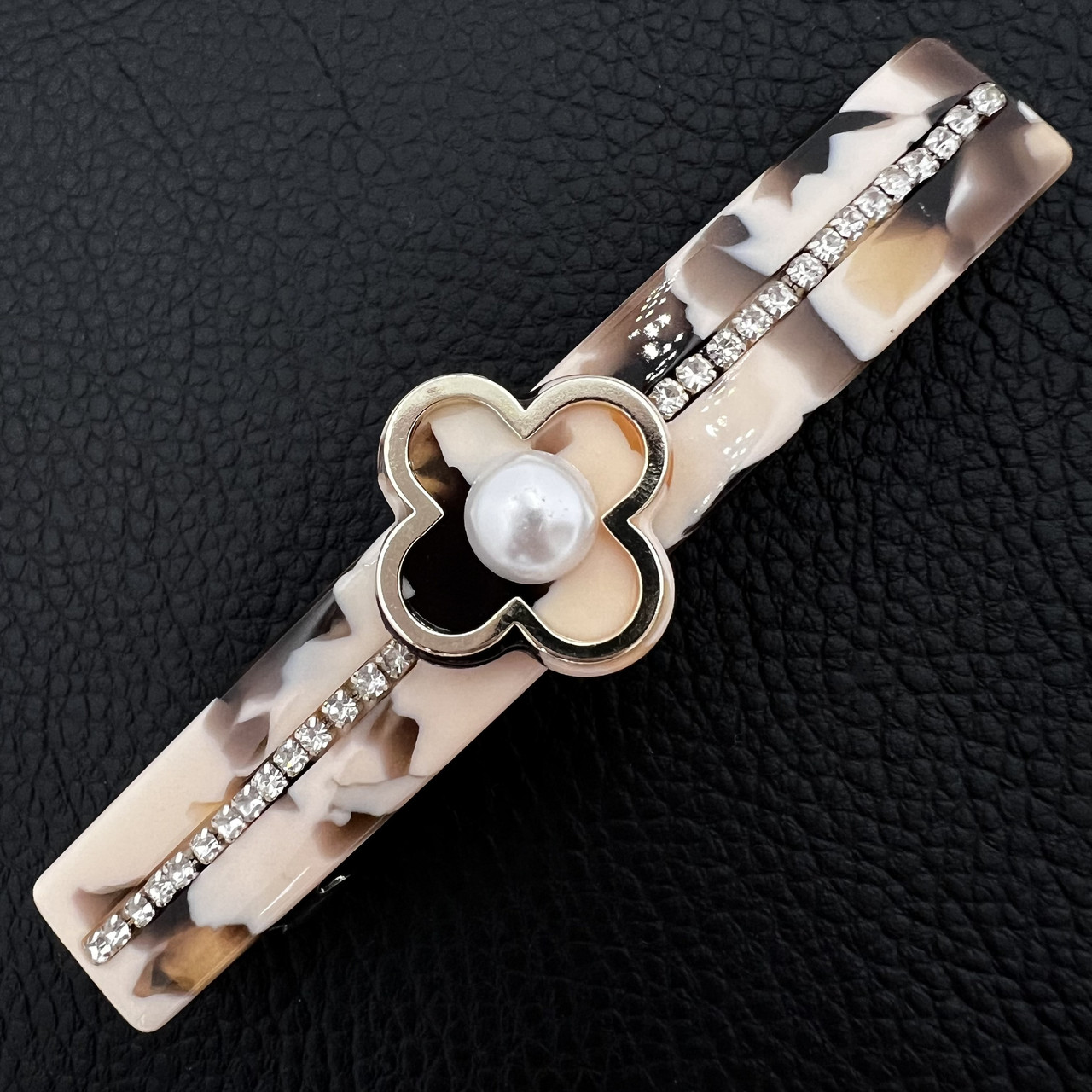 Заколка автомат для волос разноцветная мраморная с белыми стразами и бусиной ширина 2 см длина 9.5 см