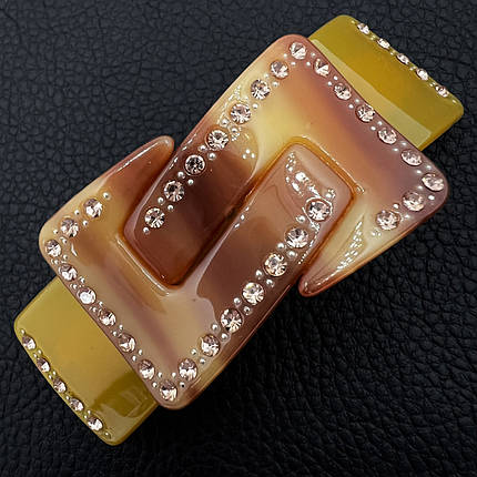 Заколка автомат для волос глянцевая двухцветная с желтыми стразами и перламутром ширина 3 см длина 8 см, фото 1