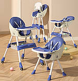 Дитячий стілець стільчик для годування Toti FR-20516 Синій, сталева конструкція, матеріал тканини PU, знімний столик, 4 колеса, фото 2