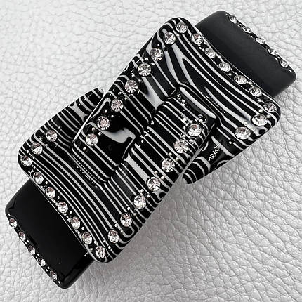 Заколка автомат для волос глянцевая черно белого цвета с белыми стразами  ширина 3 см длина 8 см, фото 1