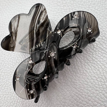 Краб для волос прочный французский пластик черно цвета с перламутром и белыми стразами ширина 4 см длина 7 см, фото 1