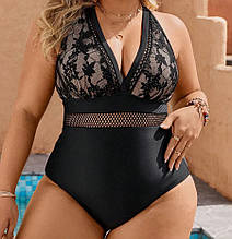 Купальник суцільний. Чорний із мереживом. Великі розміри.