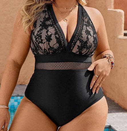 Купальник суцільний. Чорний із мереживом. Великі розміри., фото 1