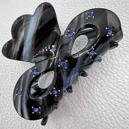 Краб для волос прочный французский пластик черно синего цвета с голубыми стразами ширина 4 см длина 7 см, фото 1