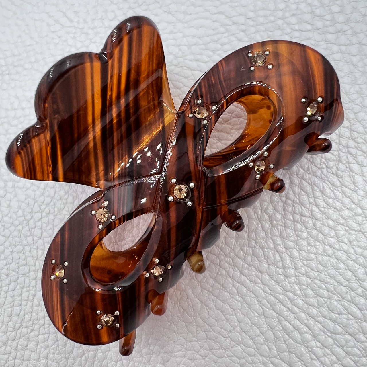 Краб для волос прочный французский пластик коричневого цвета с желтыми стразами ширина 4 см длина 7 см