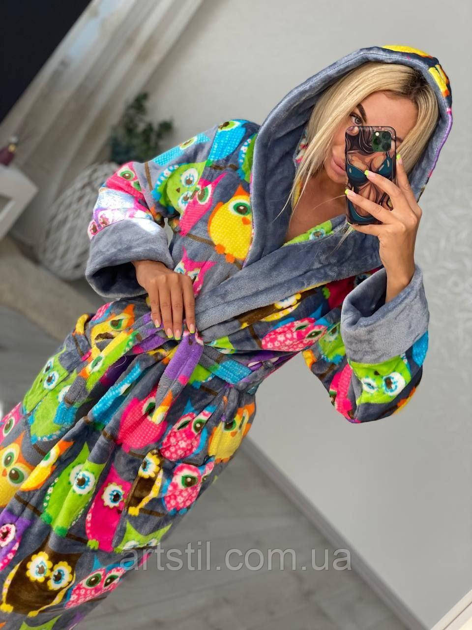 Довгий махровий жіночий халат з совами, дуже теплий і ніжний на дотик, фото 1