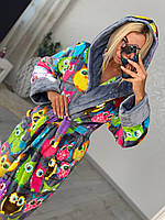 Довгий  махровий жіночий халат з совами, дуже теплий і ніжний на дотик