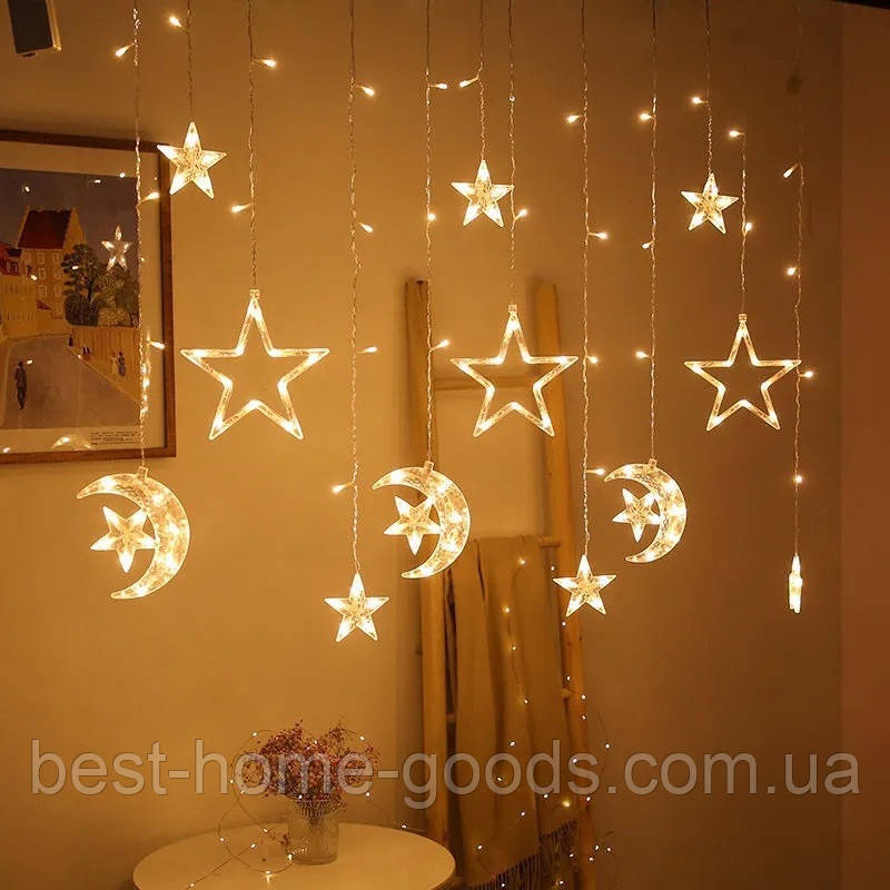 Новорічна світлодіодна гірлянда Місяць із зірочкою | тепле світло | для балкона, вікна, кафе, ресторану, дому | 220В, 3 м, фото 1