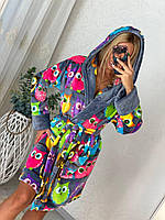 Яскравий теплий жіночий домашній халат з совами, короткий жіночий халат дуже мякенький