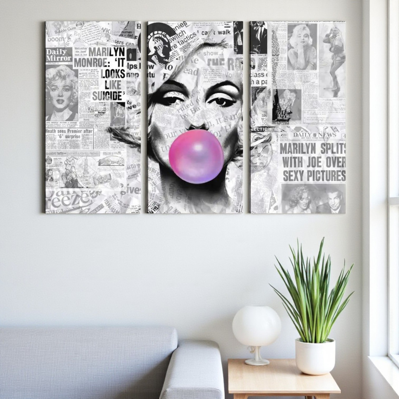 Модульна картина «Мерилін Монро з рожевою жуйкою» Поп-арт триптих Друк на полотні, сучасний настінний декор 90х60 см, фото 1
