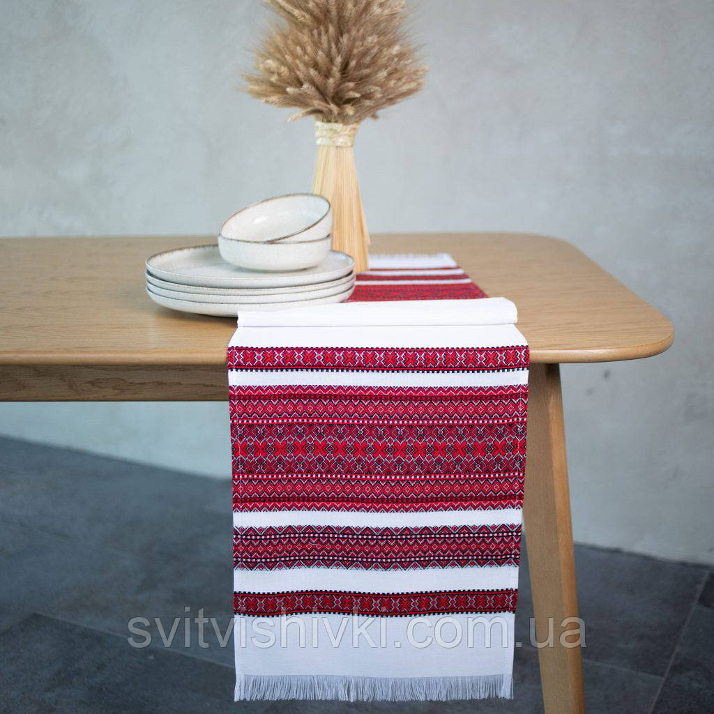 Білий тканий рушник з червоно-чорним орнаментом (1,3 м. * 0,35 м.), фото 1