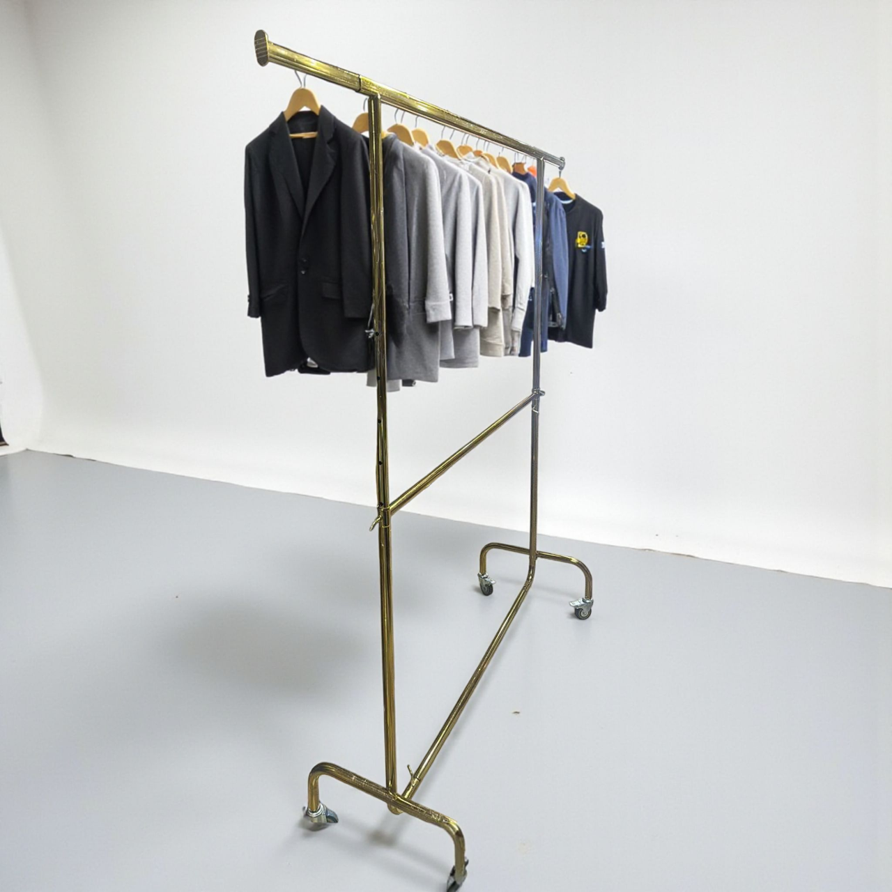 Двоярусна стійка для одягу золота телескопічна з регулюванням по довжині та висоті на колесах, фото 1
