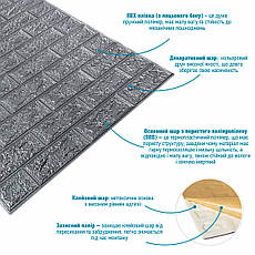 Панель стінова рулонна 700×3080×2 мм | 3D імітація цегли | самоклеюча | водостійка | сірий колір | легкий монтаж | PREMIUM, фото 3