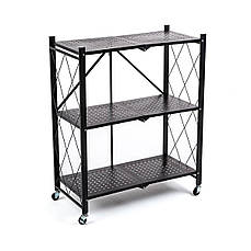 Мобільний триярусний стелаж універсальний | 89х72х34 см | розкладний | нержавіюча сталь | чорний колір | легкий рух | PREMIUM