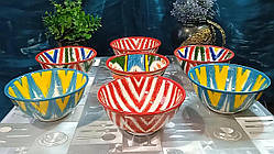 Узбецька глибока тарілка "Коса" ручної роботи, d = 16 см, з візерунком Атлас, виробництво Ріштан