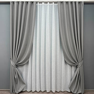 Комплект (2шт 1x2,7м + 3х2,7м) штор з тюлем "Льон Мішковина", колір світло-сірий з білим (867ш-115т) 71-060/1