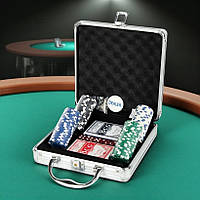 Набір для покеру, 100 фішок, 2 колоди карт, 5 кубиків, фішка Dealer, алюмінієвий кейс (Покерний набір)