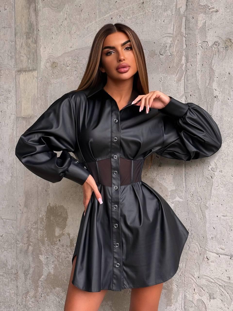 Шкіряне плаття сорочка на кнопках із корсетною вставкою і рукавами ліхтариками (р. 42, 44) 66036153Е, фото 1