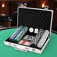Набір для покеру в алюмінієвому кейсі, 200 фішок, 2 колоди, 5 кубиків, фішка Dealer (Покерний набір)