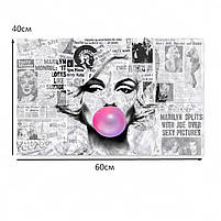 Картина Мерилін Монро з рожевою жуйкою на фоні газетних вирізок Друкна полотні Сучасний декор 60х40 см, фото 4