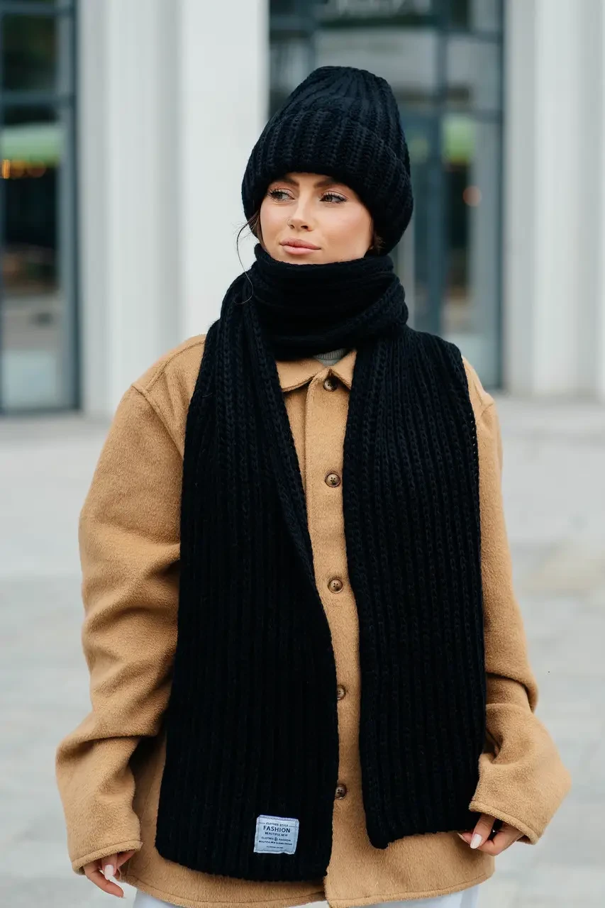 В'язаний теплий зимовий комплект Ulyana, шапка + шарф, чорний, фото 1