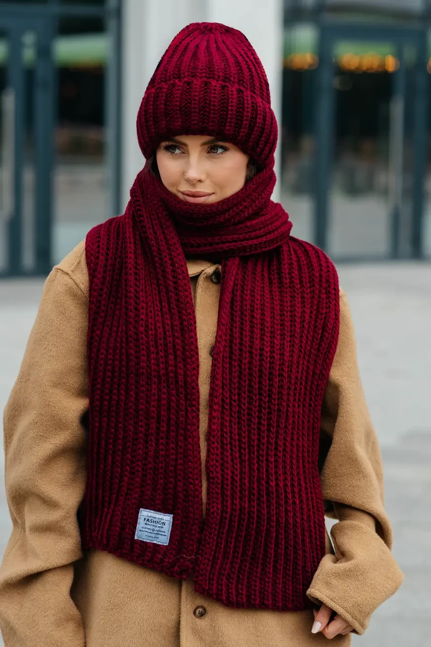 В'язаний теплий зимовий комплект Ulyana, шапка + шарф, вишневий, бордовий, фото 1