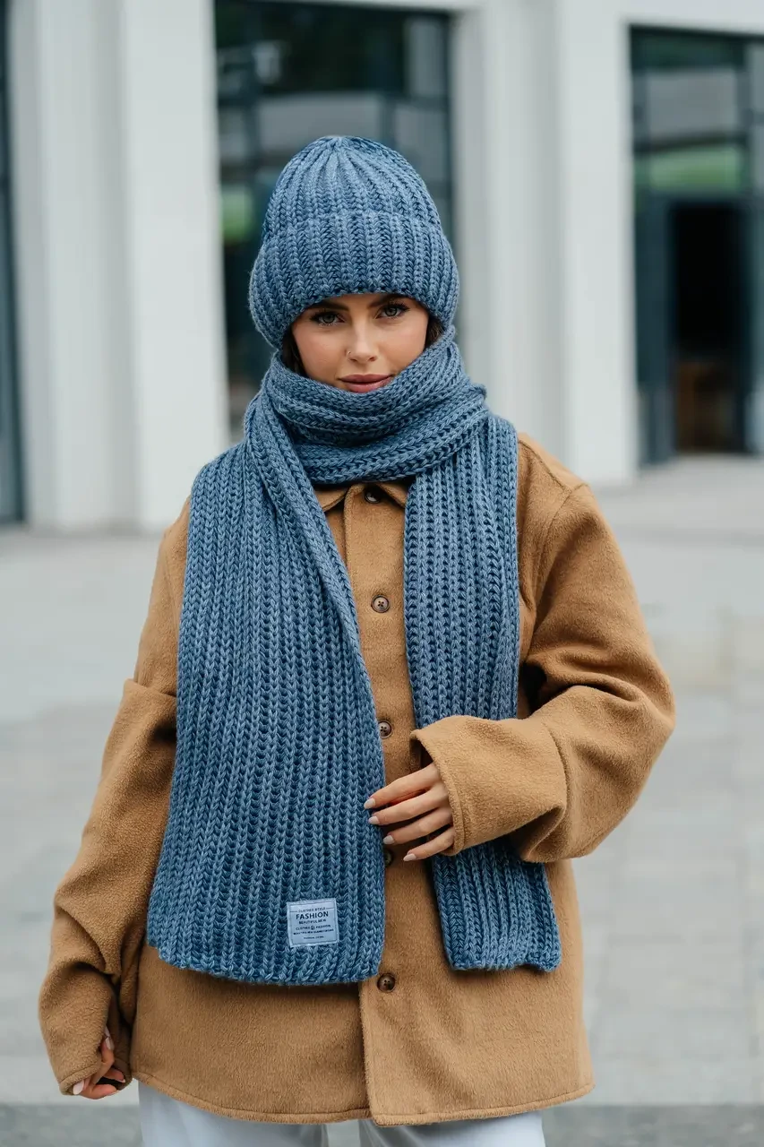 В'язаний теплий зимовий комплект Ulyana, шапка + шарф, джинсовий, фото 1