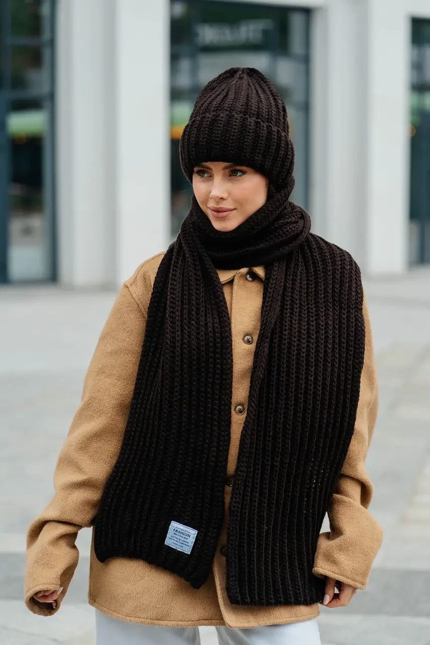 В'язаний теплий зимовий комплект Ulyana, шапка + шарф, коричневий, фото 1