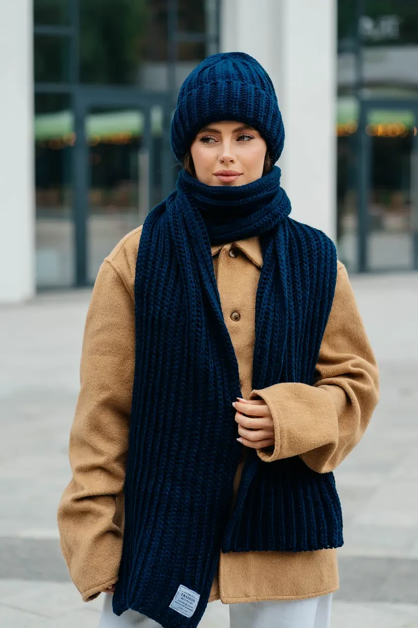 В'язаний теплий зимовий комплект Ulyana, шапка + шарф, темно-синій, фото 1