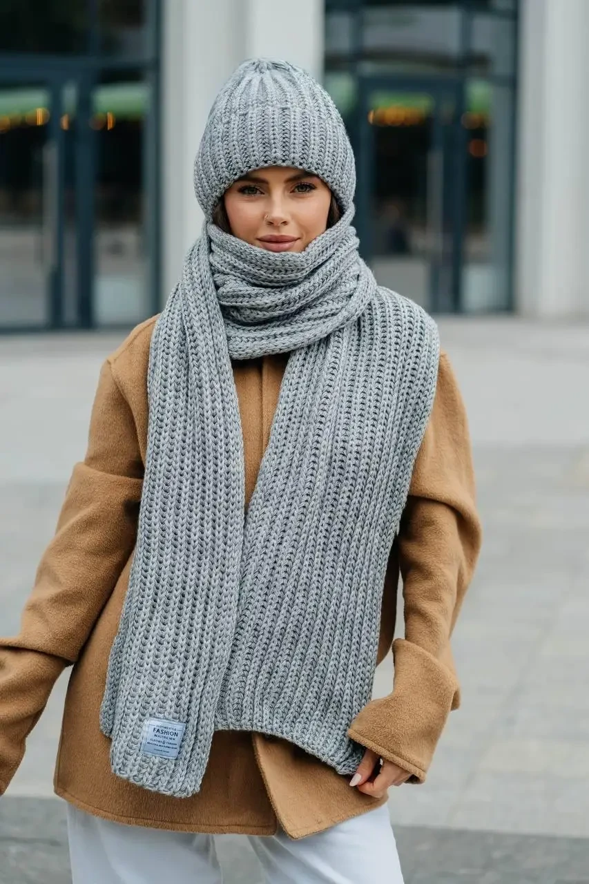 В'язаний теплий зимовий комплект Ulyana, шапка + шарф, сірий, фото 1