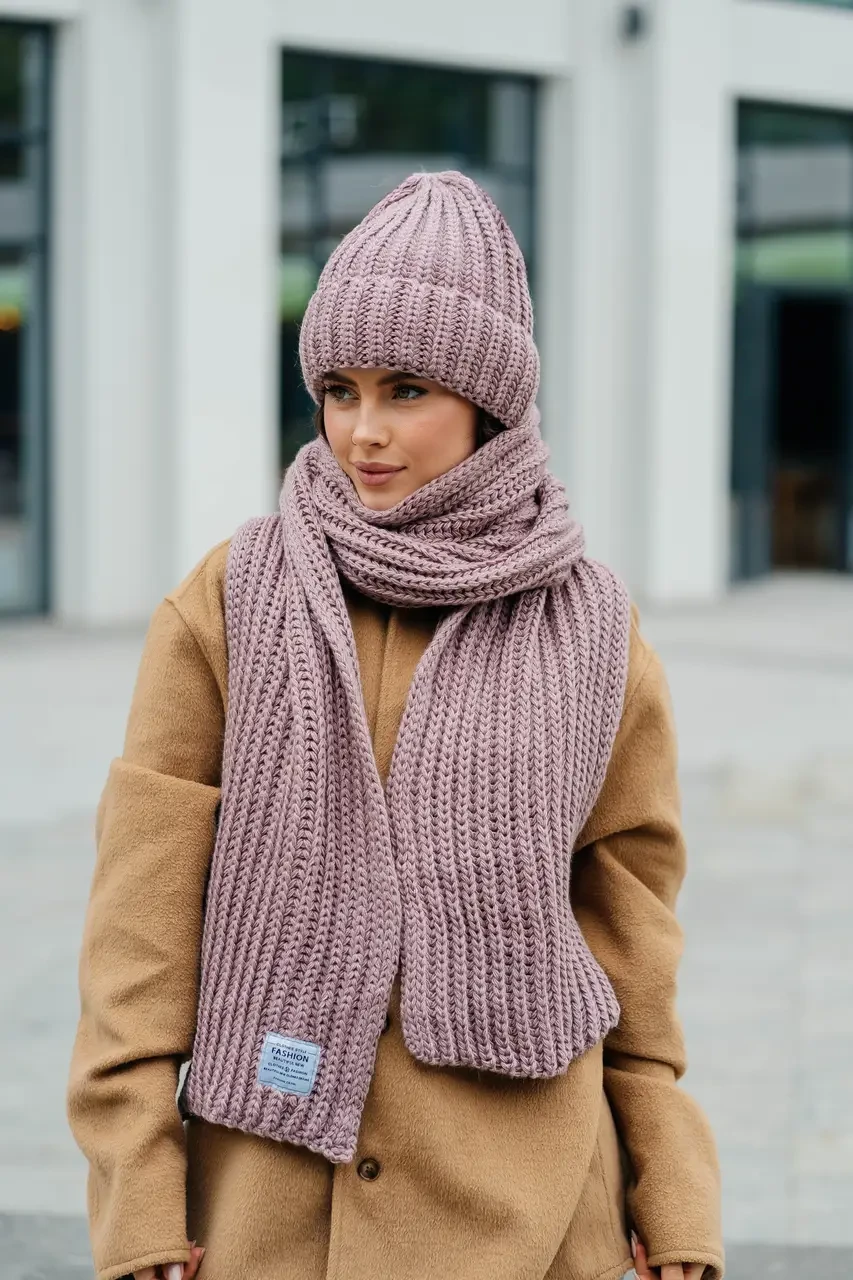 В'язаний теплий зимовий комплект Ulyana, шапка + шарф, пильна троянда, фото 1