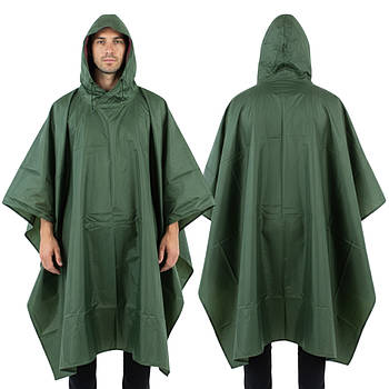 Тактичний дощовик пончо тент 3в1, Зелений / Водонепроникний плащ-накидка від дощу / Дощовик з капюшоном