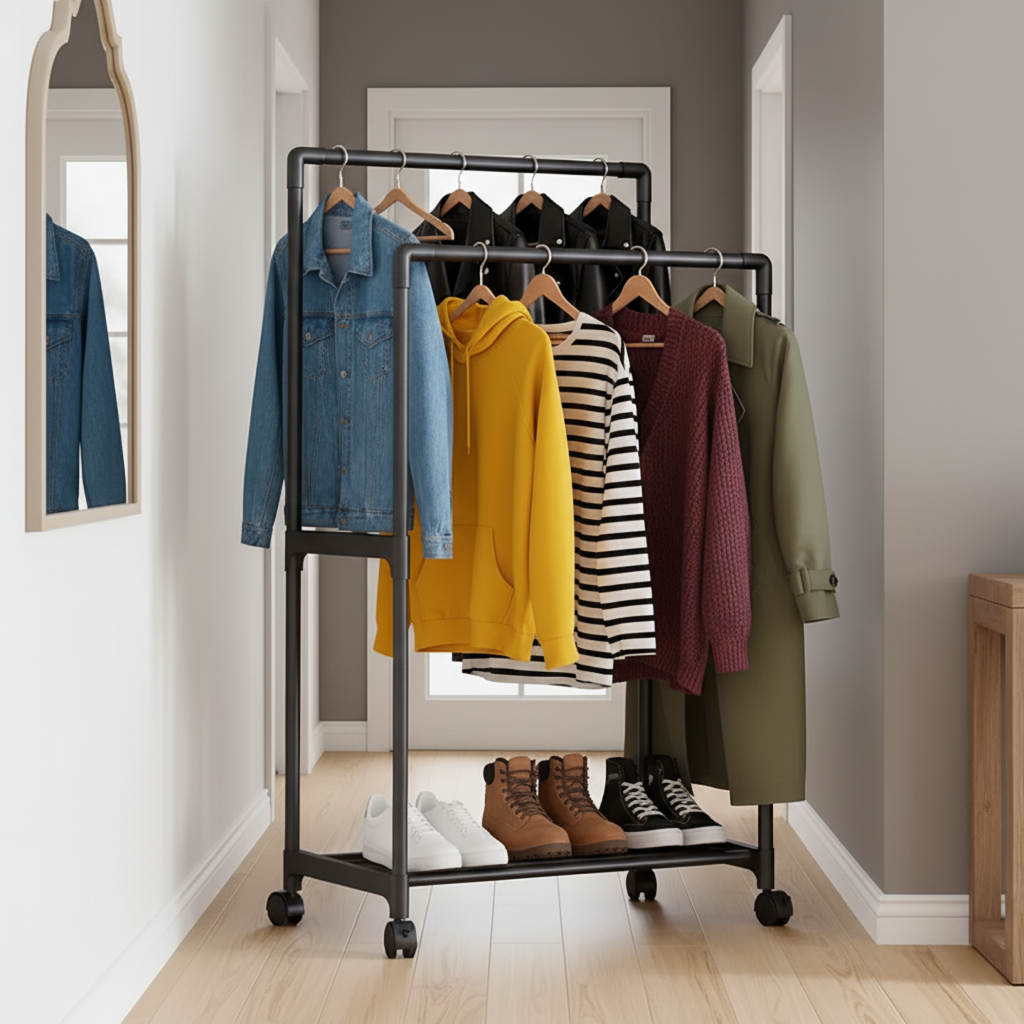 Подвійна Стійка для Одягу на колесиках 115 х 55 х 30 см витримує навантаження до 30 кг складна пересувна, фото 1