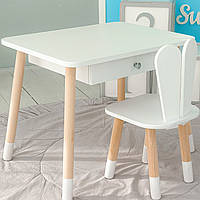 Стіл прямокутний з ящиком 46х60х45 і стілець вушка кролика 26х26х24, столик та стільчик в дитячу, білий