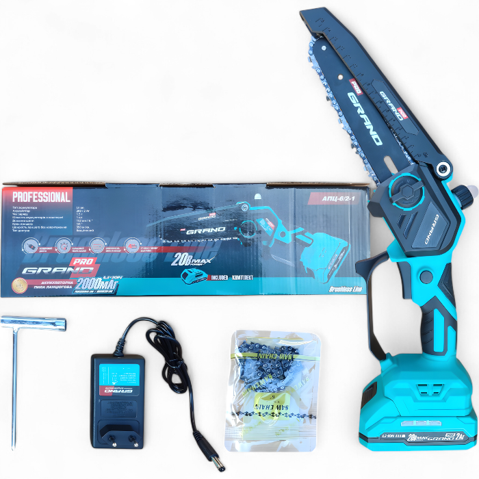 Акумуляторна ланцюгова пилка GRAND АПЦ-6/2-1 (1 акум., 20В, 2000 мАг, шина 152мм, ЧЕХІЯ)