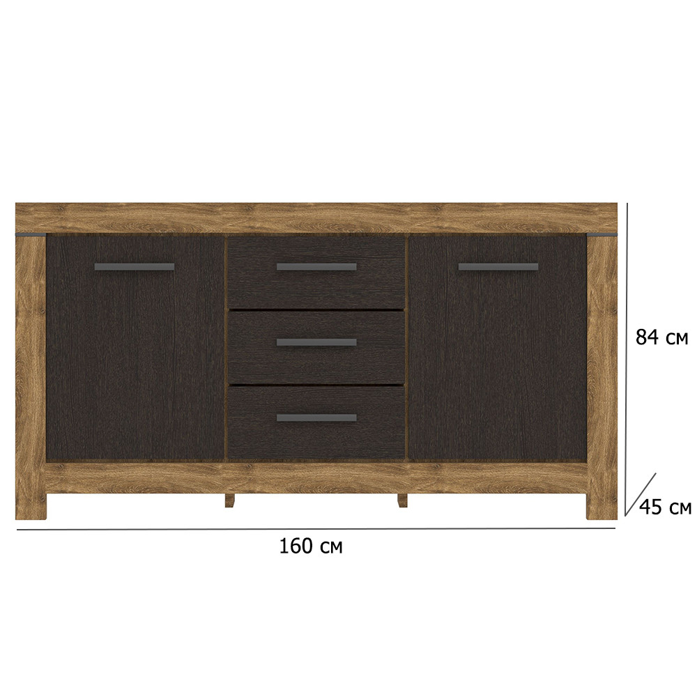 Довгий комод у вітальню Белен KOM2D3S 160 см дуб травіата та дуб болотний коричневий на ніжках, фото 1