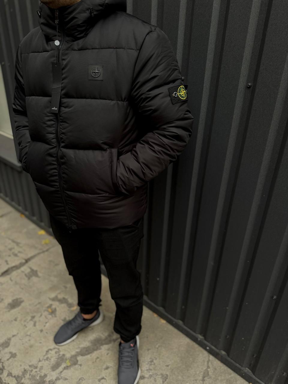 Куртка чоловіча зимова чорна з капюшоном фірмова Stone Island (Стон Ісланд), фото 1