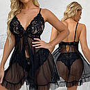 Пеньюар Rossi напівпрозорий мереживний з оборками на тонких бретелях трусики в комплекті чорний S, фото 2