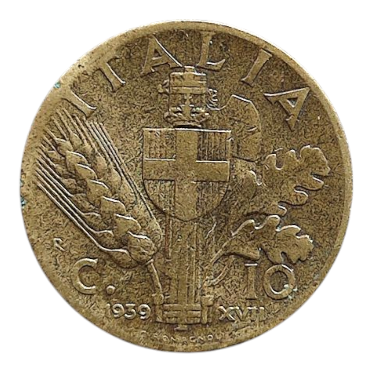 Італія 10 чентезимо, 1939 Алюмінієва бронза (жовтий колір), фото 1