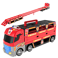 Іграшковий Трейлер автовоз 2 в 1 Трек для машинок із запуском підсвічуванням і звуком Пожежна машина 135 см