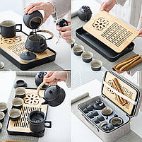 Подарунковий чайний набір у шкіряному кейсі, керамічний чайник і чашки для заварювання чаю, стильний дорожній чайний сервіз, фото 7