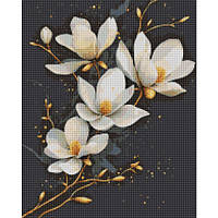 Діамантова мозаїка Білі квіти на чорному, 40х50 см