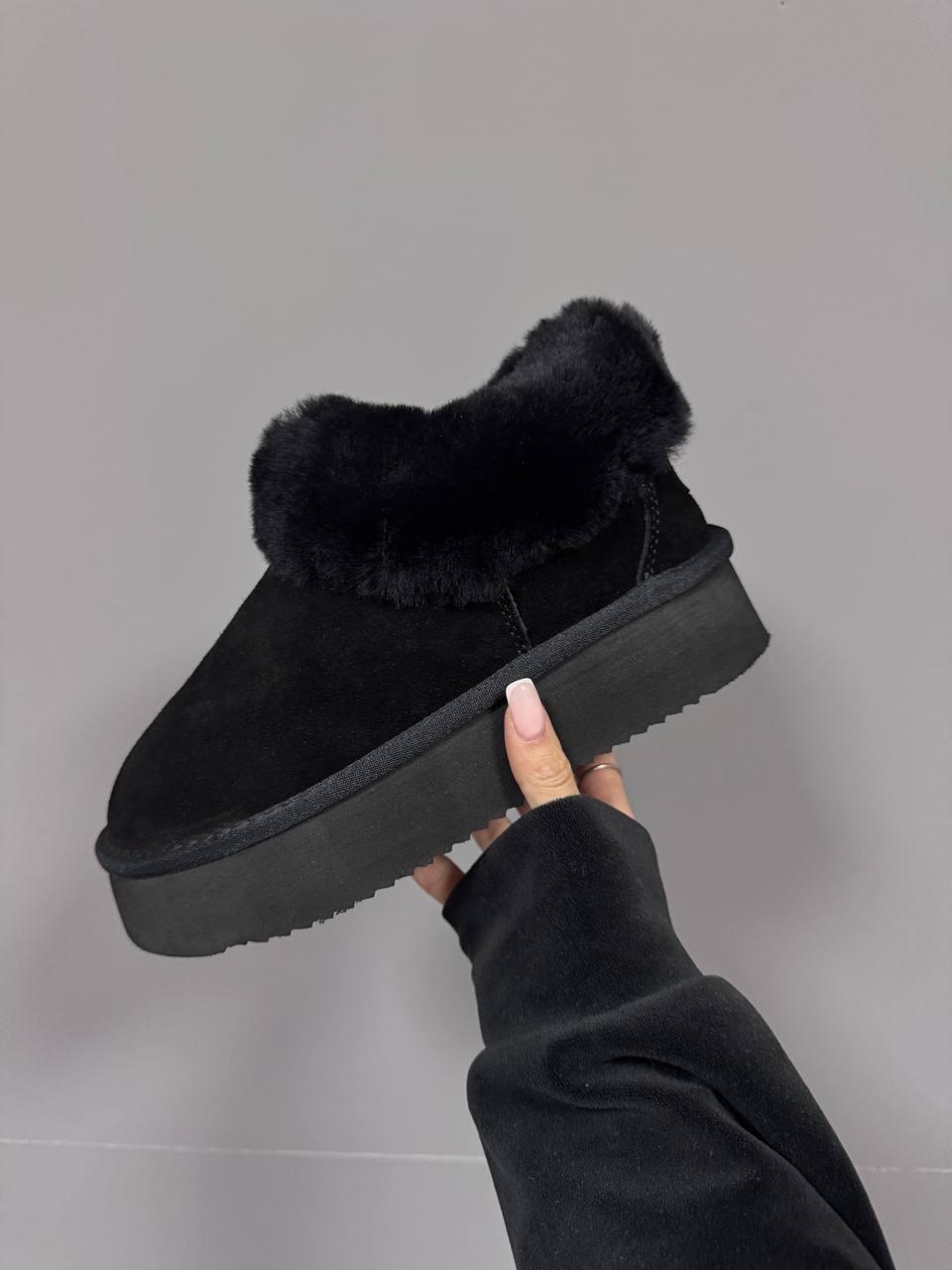 Жіночі низькі уги UGG FUR SLIPPERS BLACK SUEDE (чорні) модне зимове взуття 1372 Уги vkross, фото 1