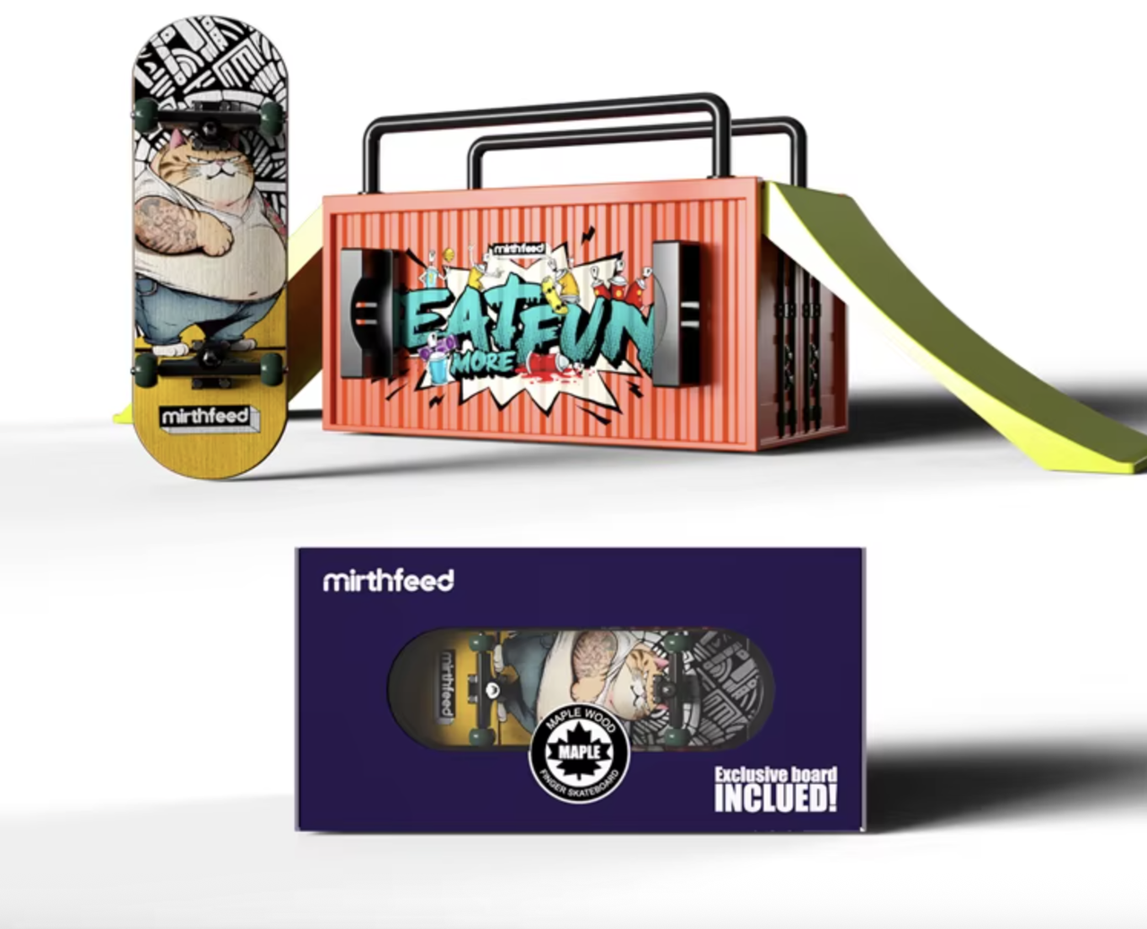 Набір скейтпарк фігура з фігербордом Mirthfeed Fat Cat дерев'яний із підшипниками фінгерпарк, фото 1