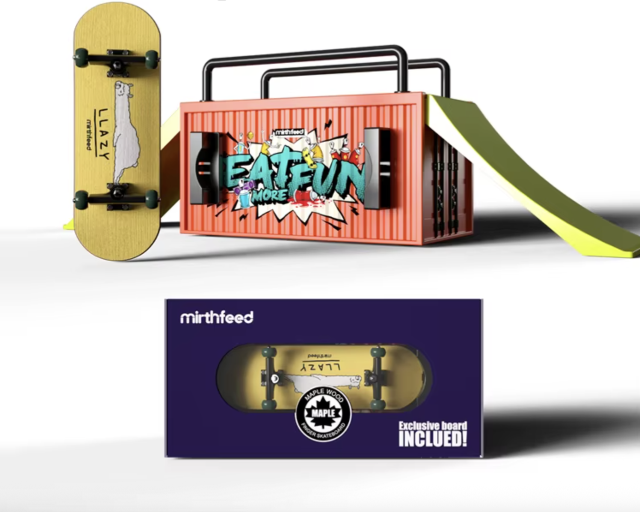 Набір скейтпарк фігура з фігербордом Mirthfeed Lazy Lama дерев'яний з підшипниками, фото 1